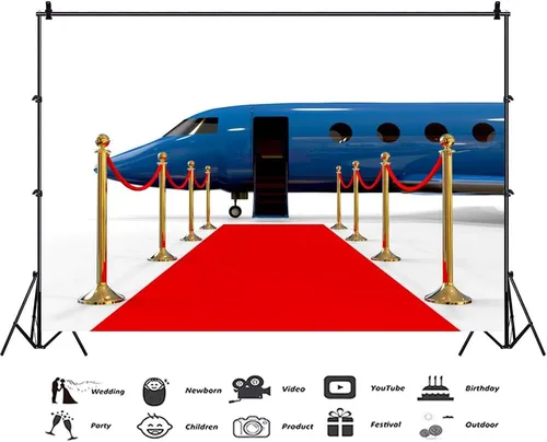 Miniatura 3 de AOFOTO Telón de fondo de alfombra roja para recogida en el aeropuerto, de 5 x 3 pies, pancarta dorada de lujo, puerta abierta, fondo de avión