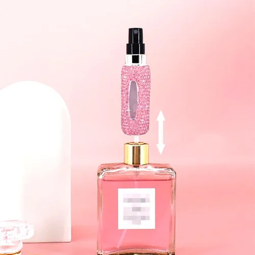 Miniatura 2 de Botella de spray de perfume de 0.2 fl oz con diamantes de imitación rosa, portátil, portátil, para viajes, niebla fina, recargable, mini