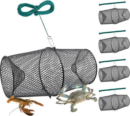 Juego de 4 trampas para cangrejos con clip de resorte de cierre y 4 cuerdas de mano, trampa de pesca para cangrejos de río Crawdad langosta cebo de
