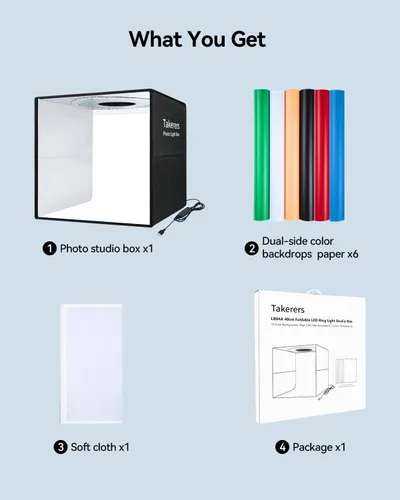 Miniatura 8 de Takerers Caja de Luz de Estudio Fotográfico de 12"x12"x12" con Cabina de Fotografía con 120 LEDs, 3000-5700K Ajustable, 6 Fondos de Colores, Carpas