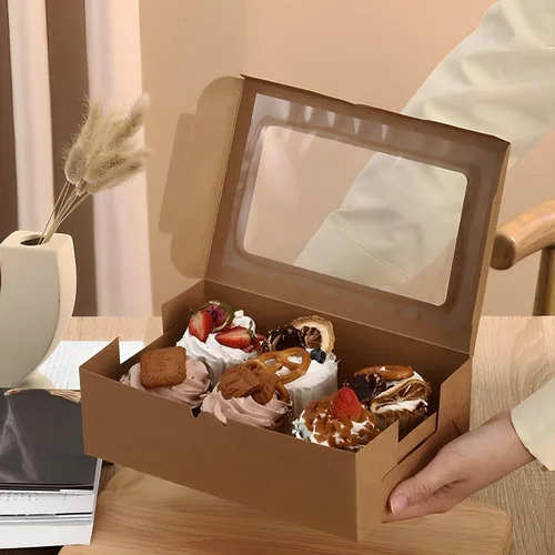 Miniatura 4 de 20 cajas de panadería marrones de 8 x 6 x 2.5 pulgadas con ventana, cajas de galletas para embalaje, cajas de golosinas para cupcakes, día de San