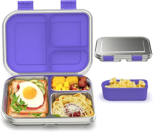Miniatura 8 de BABHAMNESS Lonchera Bento de acero inoxidable para niños, 3 compartimentos a prueba de fugas, lonchera Bento de metal, contenedores de almuerzo Verde