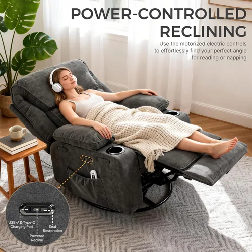 Miniatura 5 de Sillón reclinable eléctrico con balanceo, giratorio y deslizador, silla de guardería con botón de un toque, masaje vibratorio y calor, puertos