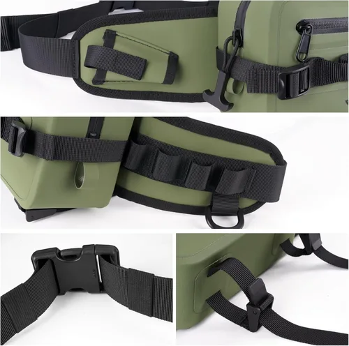 Miniatura 6 de THKFISH Riñonera de pesca impermeable con soporte para caña de pescar, cierre hermético con cremallera, bolsa ligera para pesca con mosca Verde