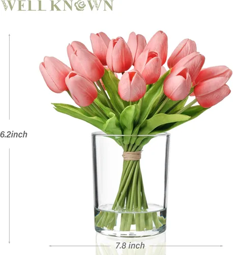 Miniatura 7 de WELL KNOWN 20 piezas tulipanes artificiales en jarrón, tulipanes de color rosa coral de tacto real con jarrón de vidrio y agua falsa, centro de mesa