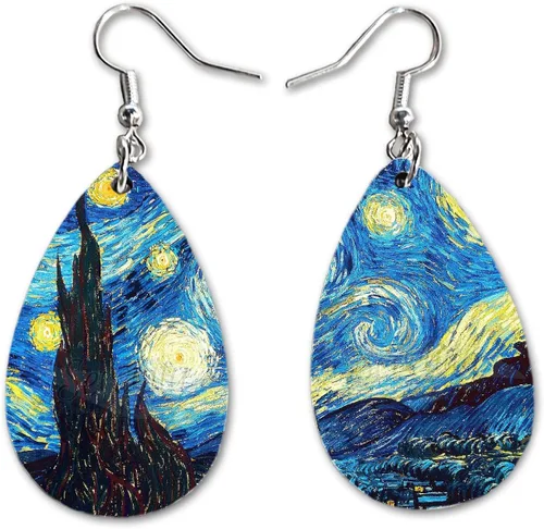 Van Gogh - Juego de aretes colgantes divertidos | Lindos aretes de joyería para niñas y mujeres | Impresión de doble cara | Regalo de cumpleaños