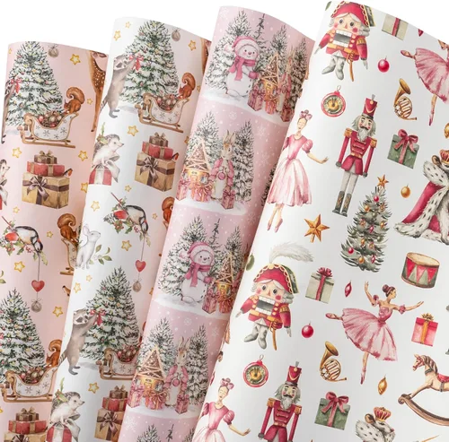Miniatura 9 de WRAPAHOLIC Hoja de papel de regalo de Navidad, 12 hojas de diseño de árbol de Navidad rosa y casa, plegada plana con 12 etiquetas de regalo