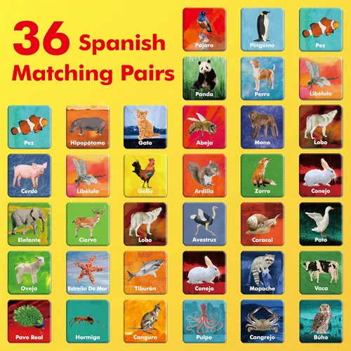Miniatura 2 de Hebayy Juego de 36 pares de animales a juego, 72 tarjetas didácticas en español, 36 diseños, tarjetas de memoria, juguetes educativos de aprendizaje