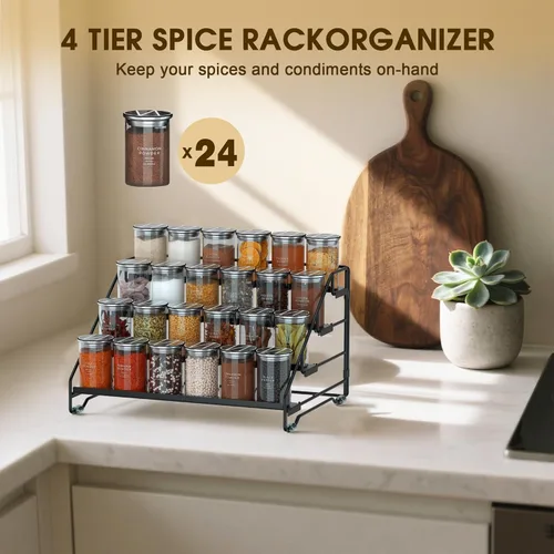Miniatura 5 de Jolitac Organizador de especias de 4 niveles, estante ajustable de profundidad, estante de especias de metal, perfecto para almacenamiento