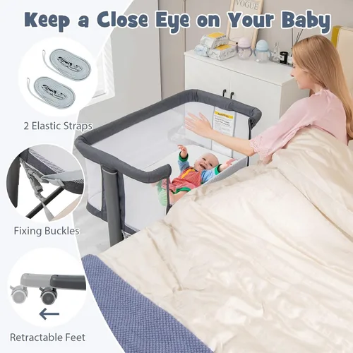 Miniatura 5 de INFANS Moisés de bebé 3 en 1, Durmiente junto a la cama para recién nacidos, Cuna plegable con colchón, Bolsa de viaje, Ruedas, Malla de 4 lados