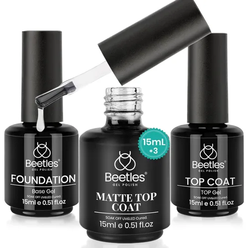 Miniatura 20 de Beetles 2 Piezas Juego de Base y Capa Superior de Gel Libre de Hema Sin Limpieza, Fórmula Suave Mejorada Capa Superior Brillante Esmalte de Uñas