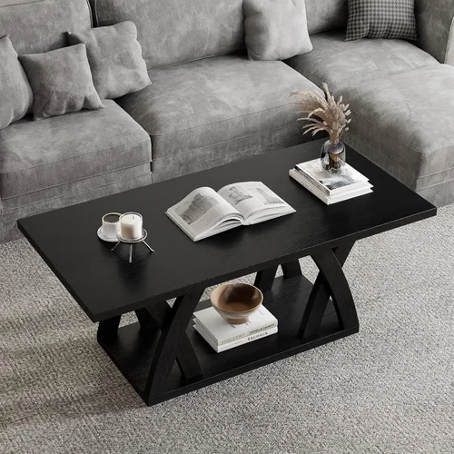 Miniatura 4 de FROMJBEST - Mesa de café de estilo rústico con estante, mesa de café moderna, mesa de café negra para sala de estar, mesas de sala de estar, 47" Gris