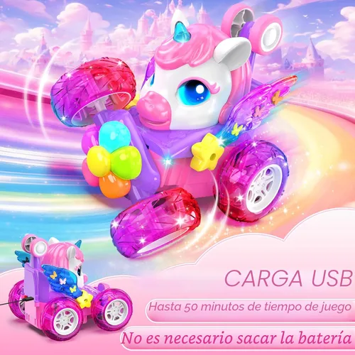 Miniatura 2 de Coches RC de unicornio para niñas, juguetes con alas de cristal brillantes y luces de ojos, rotación de 360°, auto de acrobacias de unicornio rosa