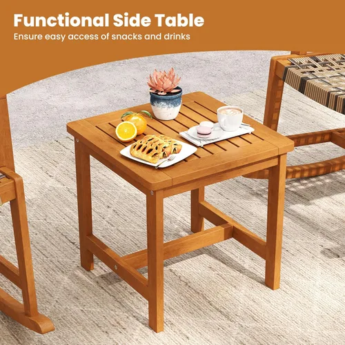 Miniatura 8 de Tangkula Juego de 3 mecedoras para patio, juego de bistró de madera de acacia con asiento y respaldo de ratán, 2 sillones para exteriores con mesa