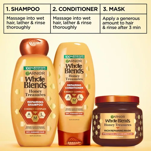 Miniatura 8 de Garnier Whole Blends Honey Treasures Máscara reparadora para cabello seco y dañado, 11.5 onzas líquidas, 2 unidades (el embalaje puede variar)