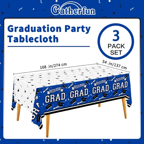Miniatura 2 de Gatherfun Suministros para fiesta de graduación, mantel de graduación Gongrats para decoraciones de fiesta de graduación, 3 manteles azules