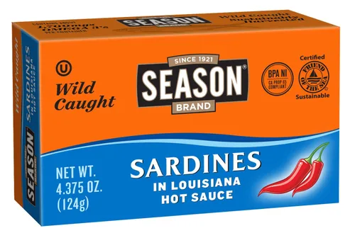 Season Sardinas en salsa picante, capturadas en la naturaleza, 0.85 oz de proteína, bocadillos Keto, más Omega 3 que atún, Kosher, alto en calcio,