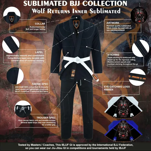 Miniatura 3 de Jaguar Pro Gear Wolf Returns Interior Sublimado Pro Brazilian Jiu Jitsu BJJ Kimono Gi Uniforme Unisex Cinturón blanco incluido