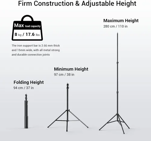 Miniatura 2 de SMALLRIG Soporte de luz para fotografía de 110 pulgadas/9.2 pies/280cm, soporte de trípode de aluminio acolchado con aire con tornillo de 1/4