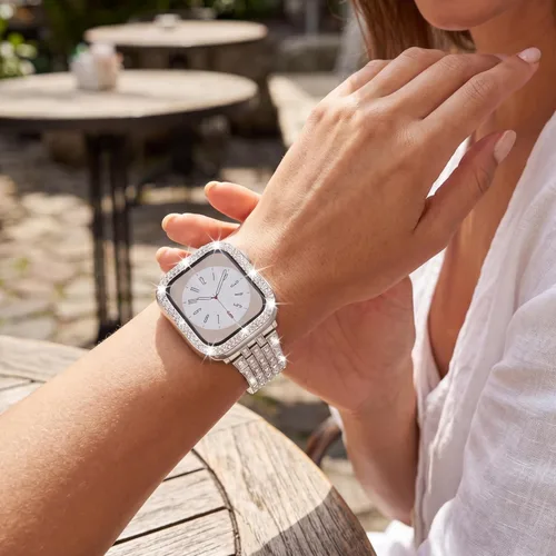Miniatura 3 de compatible con Apple Watch de 1.496 pulgadas 1.575 pulgadas 1.654 pulgadas 1.732 pulgadas con funda para mujer, correa de metal con diamante