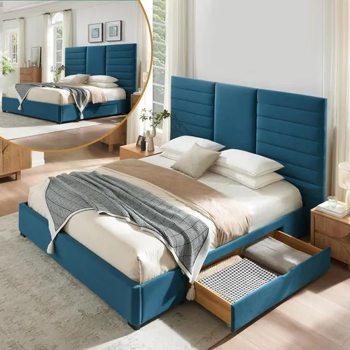 Miniatura 10 de Base de cama Queen de 63.6 pulgadas de alto, base de cama tapizada con 2 cajones de almacenamiento, listones de madera resistentes, sin ruido,