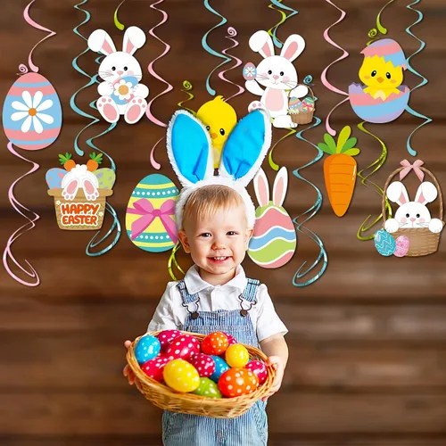 Miniatura 5 de Decoraciones para fiesta de Pascua con serpentinas de huevo-conejo - 16 piezas de lindos remolinos colgantes para techo, regalos y suministros