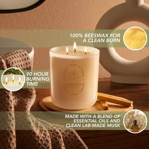Miniatura 6 de Palo Santo - Vela de cera de abeja pura de Palo Santo y bergamota, más de 90 horas de duración, diseño clásico, velas perfumadas no tóxicas