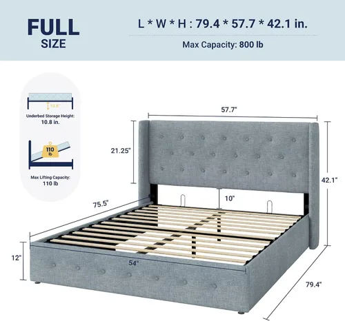 Miniatura 2 de Allewie Cama de Almacenamiento Elevable Tamaño Completo, Cabecero Capitonado con Botones con Respaldo de Ala, Soporte Hidráulico, No Necesita Gris