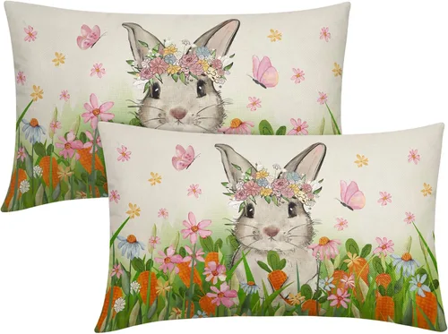 Miniatura 12 de Juego de 2 fundas de almohada de primavera de 12 x 20 pulgadas, diseño floral de conejo, conejo, floral, decorativas, lumbar, para sofá o cama