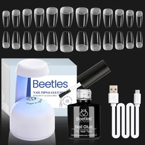 Beetles Kit de Uñas de Gel Coffin: 504 Puntas de Uñas Postizas Juego de Extensión de Uñas Fácil Forma Coffin Corta 5 en 1 Pegamento de Uñas Lámpara