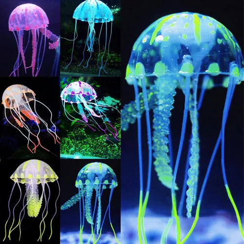 Miniatura 8 de Uniclife Paquete de 4 decoraciones para pecera, efecto brillante, decoración de acuario, pequeña medusa artificial de silicona, adorno de planta