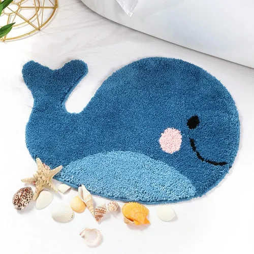 IcosaMro Alfombra de baño azul con diseño de ballena, bonita alfombra antideslizante, lavable, de microfibra, absorbente de agua, alfombra de piso