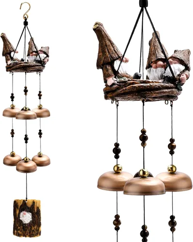 Campanillas de viento de gnomo para exteriores con 6 campanas más grandes, regalo para mamá, papá, hija, mujeres, decoración al aire libre para