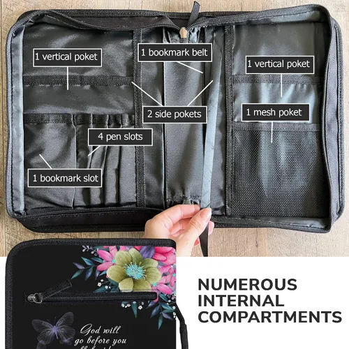 Miniatura 14 de DEHITE Funda para la Biblia para mujer, fundas de tela prémium para la Biblia para niñas, bolsa de transporte para mujer, ranuras para bolígrafos