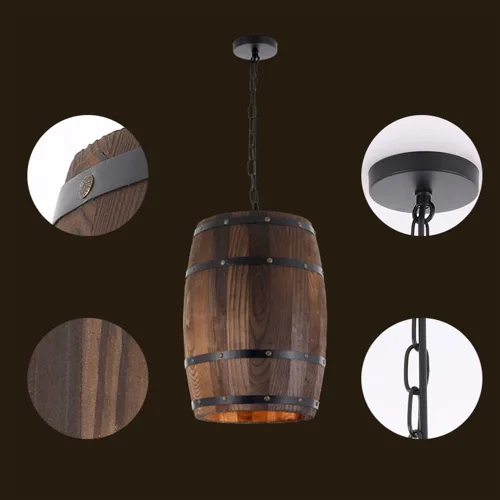 Miniatura 4 de Lámpara colgante de barril de madera antigua para decoración de interiores, lámpara colgante de techo retro industrial ajustable para sala de estar