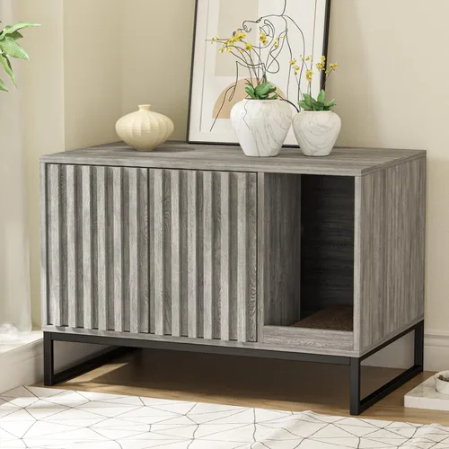 Miniatura 11 de Halitaa Caja de Arena para Gatos, Mueble Moderno de Caja de Arena para Gatos Caja de Arena Oculta con Almohadilla para Rascar, Mesa Auxiliar Casa