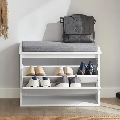 Miniatura 5 de Haotian Banco de zapatos pequeño, banco de almacenamiento con cojín de asiento extraíble, otomana para entrada y dormitorio, 2 cajones abatibles