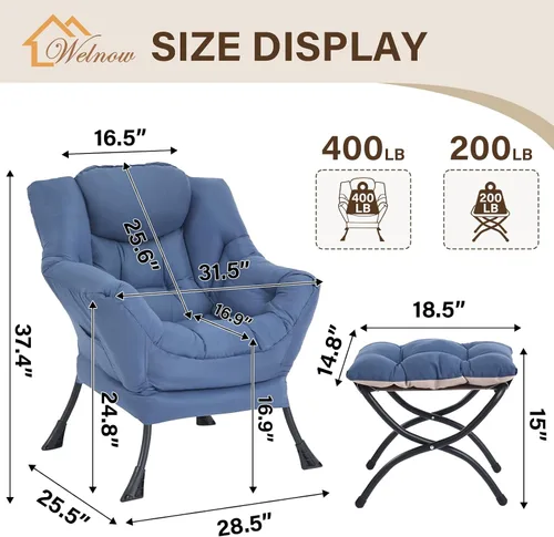 Miniatura 3 de Welnow - Silla perezosa con otomana, moderna silla de descanso con reposabrazos y bolsillo lateral, sillón de sofá tapizado de ocio, sillón de Azul