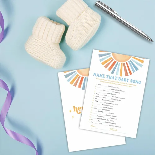 Miniatura 3 de Name That Baby Song Baby Shower Juego Kit – Acuarela Retro Sun – 30 tarjetas de juego de relleno de doble cara para baby shower, revelación