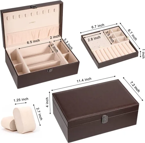 Miniatura 6 de LANDICI Joyero organizador para mujeres y niñas estuche grande de 2 capas para hombres con bandeja extraíble soporte de almacenamiento de joyas