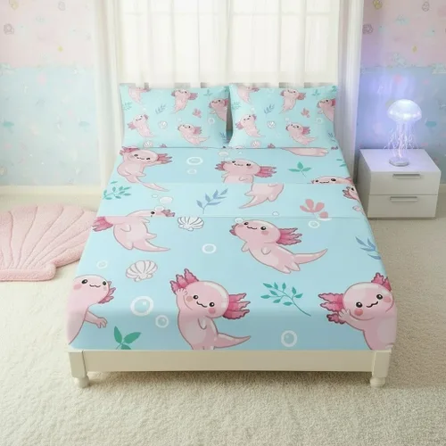 Miniatura 9 de QOOMO Ropa de cama Kawaii Axolotl para niños y niñas, diseño de flor de cerezo rosa, juego de ropa de cama súper suave para niños, con estrellas