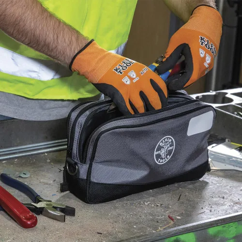 Miniatura 7 de Klein Tools Bolsa de herramientas, compartimentos dobles, organizador de bolsas de herramientas de alta resistencia, bolsa multiusos Gris