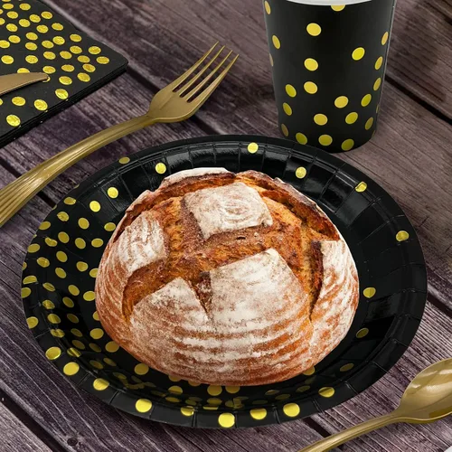 Miniatura 6 de Suministros desechables para fiestas, juego de vajilla de 60 piezas negro y dorado que incluye platos de 7/9 pulgadas, servilletas, mantel, vasos