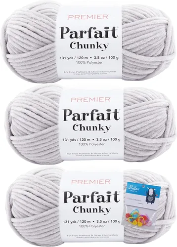Miniatura 37 de Premier Yarns Parfait - Hilo de felpilla grueso, 3.5 onzas, peso súper voluminoso, paquete de 3 unidades con soportes para punto de Bella (chocolate)