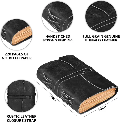 Miniatura 4 de LEATHER VILLAGE Diario encuadernado en cuero, negro, 7 x 5 pulgadas, 220 páginas, diario vintage de papel en blanco para escribir, dibujar, cuaderno