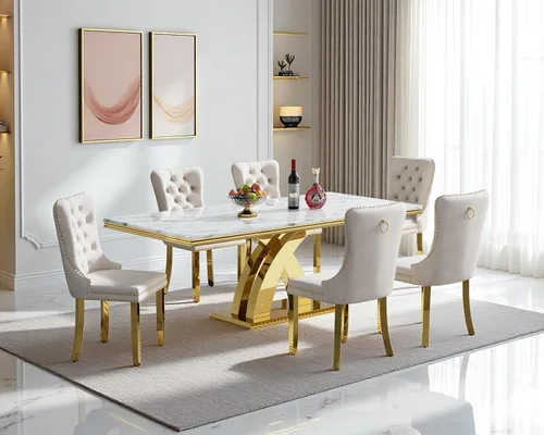 Miniatura 28 de Moderno juego de mesa de comedor de mármol sintético de 68.11 pulgadas para 6, mesa de comedor de mármol blanco y plateado con 6 sillas de Blanco
