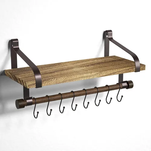 Miniatura 10 de Love-KANKEI Estantería flotante de pared de madera rústica para almacenamiento, estante de especias de cocina con barra para toallas y 8 ganchos