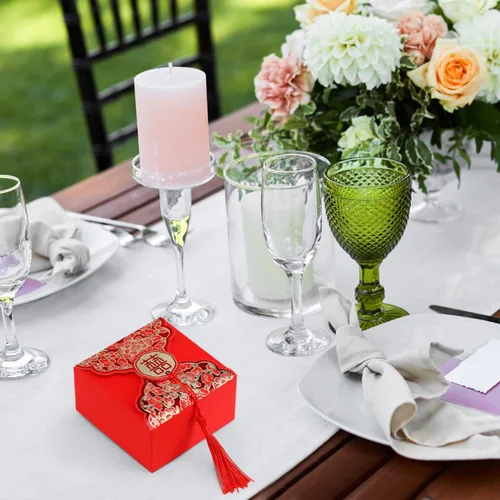 Miniatura 8 de Abaodam Cajas de dulces de boda chinas, 80 cajas de regalo chinas con borla para invitados, bolsa creativa de decoración de mesa para compromiso
