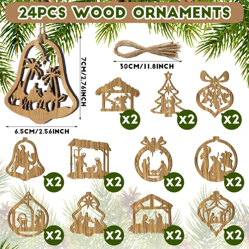 Miniatura 2 de Juego de 24 adornos de madera para árbol de Navidad, decoración religiosa del nacimiento de Jesús, decoración colgante para familia cristiana (forma)