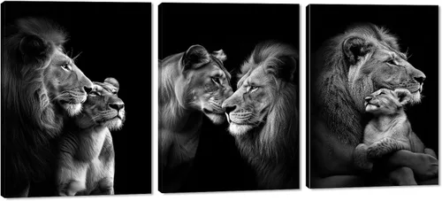 Miniatura 29 de 3 piezas modernas de lienzo de león de animales salvajes, pinturas de retratos de familia de leones, decoración de pared, obras de arte de sala